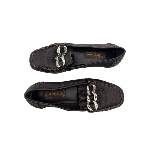 BRIGHTON‎ Klee Loafer Womens SZ 7M Brown Leather Silver Chain Brazil Square Toe - Picture 3 of 8